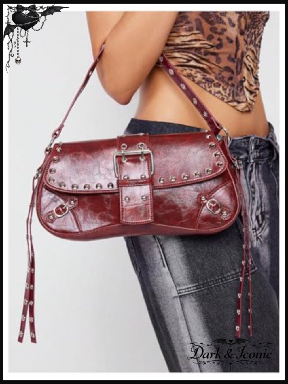 Studded Leather Shoulder Bag with Flap Buckle Closure and Top Handle - Picture 2 of 7